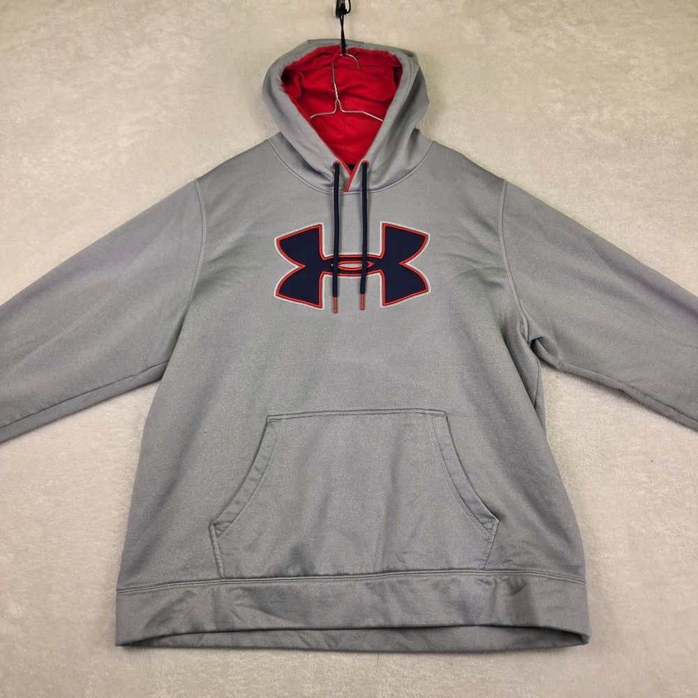 Under Armour Storm Mens XL Gray Navy Red Logo Fleece Hoodie Sweatshirt Loose Fit